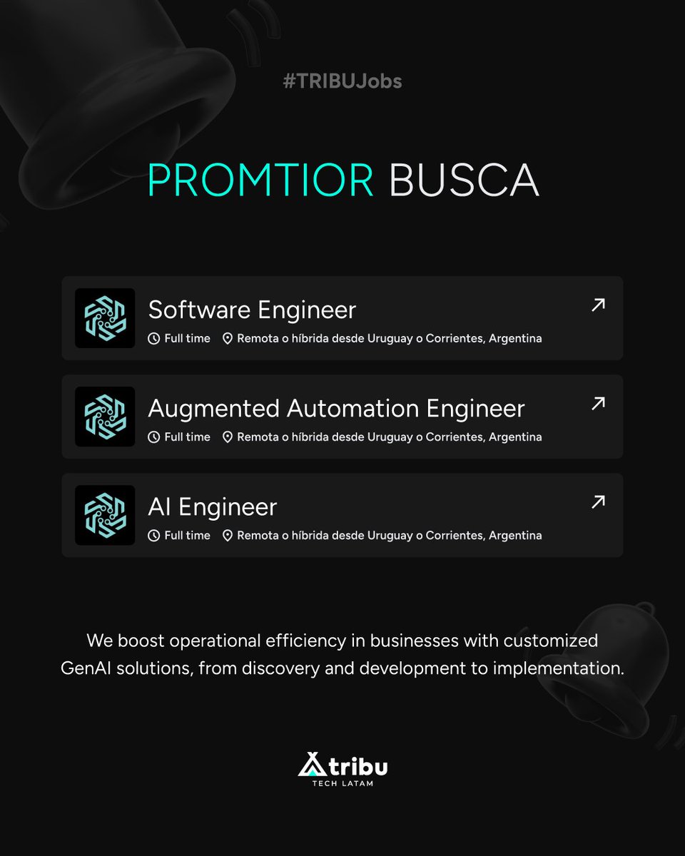 ¡Súmate al equipo que lidera la revolución GenAI en LATAM! 🚀 Promtior busca talento para seguir impulsando soluciones innovadoras que potencian negocios con IA generativa.

📌 Oportunidades abiertas:
Software Engineer
Augmented Automation Engineer
AI Engineer

🌎 Remoto o