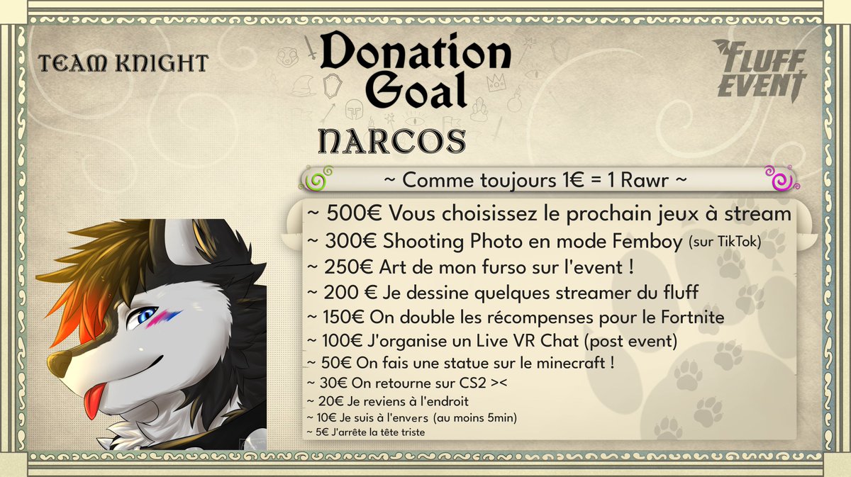 Salut les Beans, voici mes donations goals pour le <a href="/FluffEvent/">Fluff Event</a> 

Vraiment trop hâte d'y être, il reste moins d'une semaine ! 😊

On représentera la team des Chevalier 🛡⚔️

A très bientôt !

#FluffEvent2025 #FluffEvent #Furry