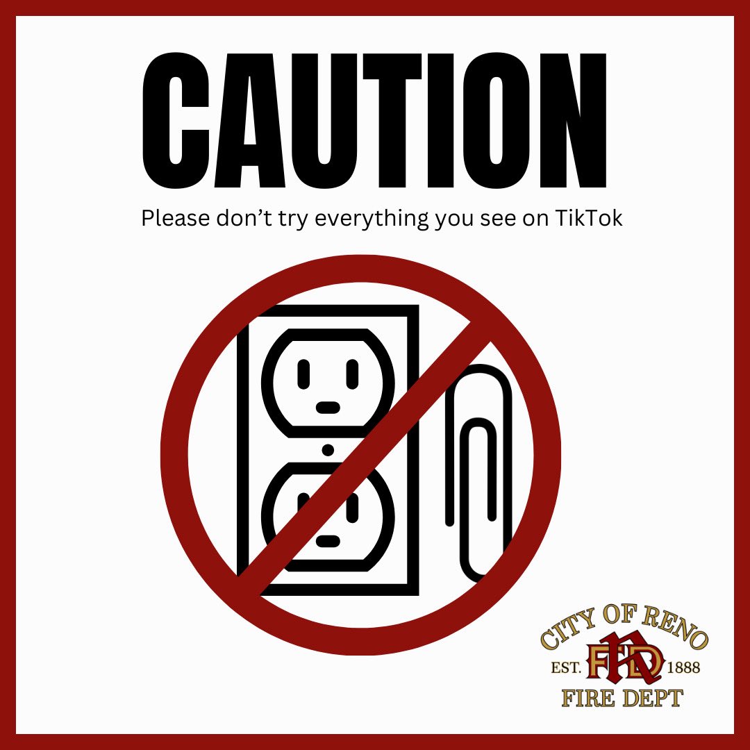 RenoFireDept's tweet photo. The Reno Fire Department would like to raise some community awareness of the dangerous TikTok trend called the #PaperClipChallenge. Kids insert paper clips into electrical outlets and USB drive outlets, risking serious injury, fire, or even death.
This is NOT a game. Talk to your kids. Stay safe.