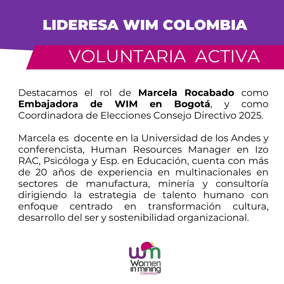 #LideresaWIM | Presentamos a Marcela Rocabado como Coordinadora de Elecciones Consejo Directivo 2025. 🗳️

Minería con manos de mujer, trabajo con alma.✨💜