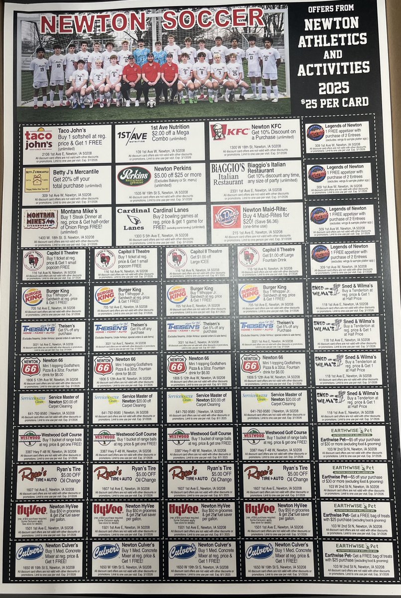 Newton Boys Soccer (@cardinalboyssoc) on Twitter photo Boys Soccer still has some of these fundraising cards available for $25. Please reach-out to Coach Jensen at jensenz@newton.k12.ia.us if interested or stop by Earthwise Pet (103 W. 2nd St. N.) on the square to purchase one. Boys Soccer still has some of these fundraising cards available for $25. Please reach-out to Coach Jensen at jensenz@newton.k12.ia.us if interested or stop by Earthwise Pet (103 W. 2nd St. N.) on the square to purchase one.
