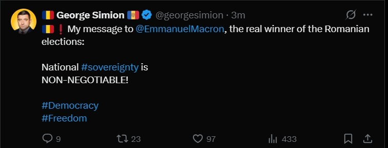 MarioNawfal's tweet photo. 🇷🇴 GEORGE SIMION TO MACRON: ROMANIAN SOVEREIGNTY IS NON-NEGOTIABLE

"My message to @EmmanuelMacron, the real winner of the Romanian elections:

National sovereignty is NON-NEGOTIABLE!"

Simion’s AUR party has surged in the polls on a platform of economic nationalism, cultural conservatism, and fierce opposition to EU overreach.

Source: @GeorgeSimion