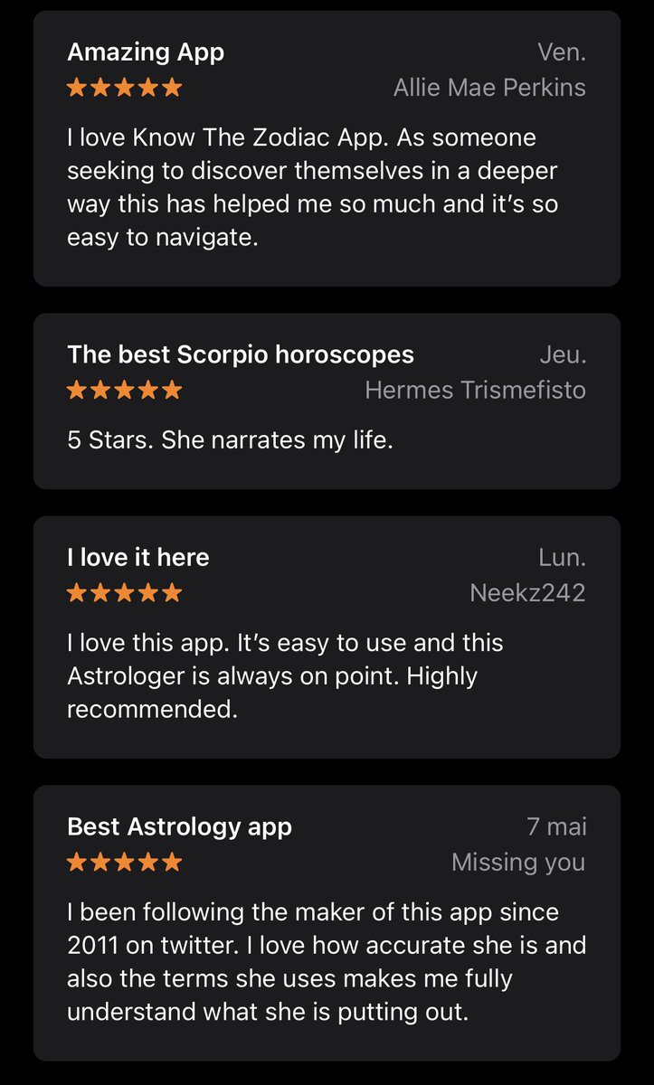 Dossé-Via (@dossevia) on Twitter photo proud founder moment 🥹 reading 5-star reviews for the #astrology app i poured my heart into building these past two years 🙏🏾 download <a href="/KnowTheZodiac/">KnowTheZodiac</a> on iOS & android to discover the magic for yourself 🪐 proud founder moment 🥹 reading 5-star reviews for the #astrology app i poured my heart into building these past two years 🙏🏾 download <a href="/KnowTheZodiac/">KnowTheZodiac</a> on iOS & android to discover the magic for yourself 🪐
