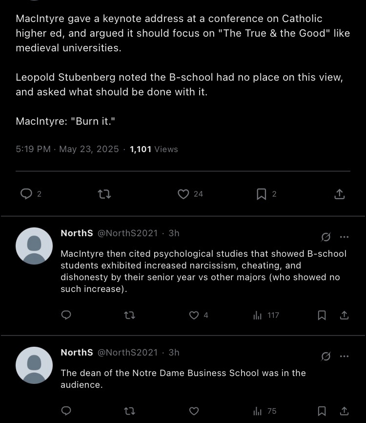 MadocCairns's tweet photo. Incredible anecdote about what Alasdair  MacIntyre thought should be done with business schools (from @NorthS2021 ) https://t.co/mJuBcTrGJ3