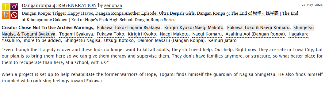 zenonaaa's tweet image. #togafuka fic 💜💚 SFW  (for now)   

Chapter 3! When a project is set up to help rehabilitate the former Warriors of Hope, Togami finds himself the guardian of Nagisa Shingetsu.

ao3: archiveofourown.org/works/64937485…
tumblr: zenonaa.tumblr.com/post/784365235…