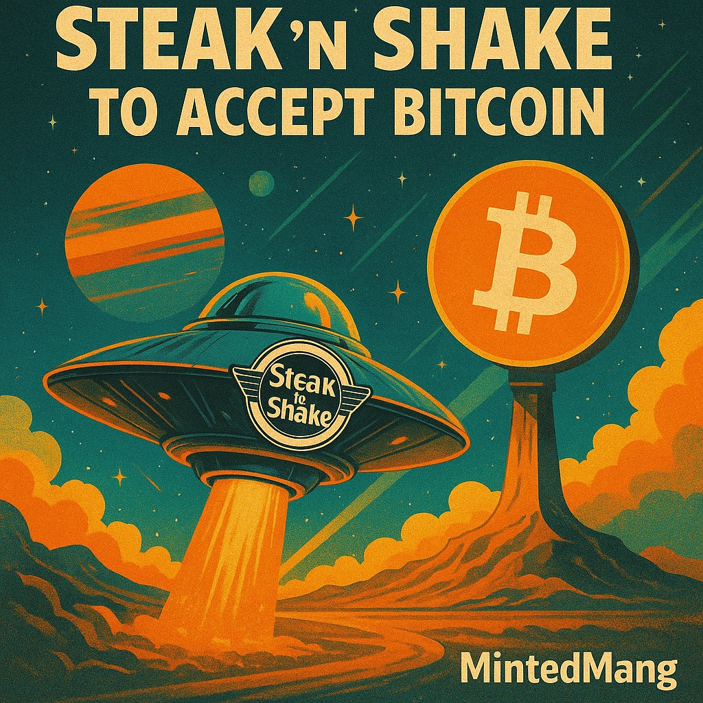Steak ‘n Shake enters the Bitcoin era.
As of May 16, you can pay for your burgers with BTC at all 393 U.S. locations.
They even signed off as “Steaktoshi"

Source: Forbes, May 10, 2025 — article by Colin Harper
#Bitcoin #CryptoAdoption #SteaknShake #BTC #MintedMang #RetroFuturism