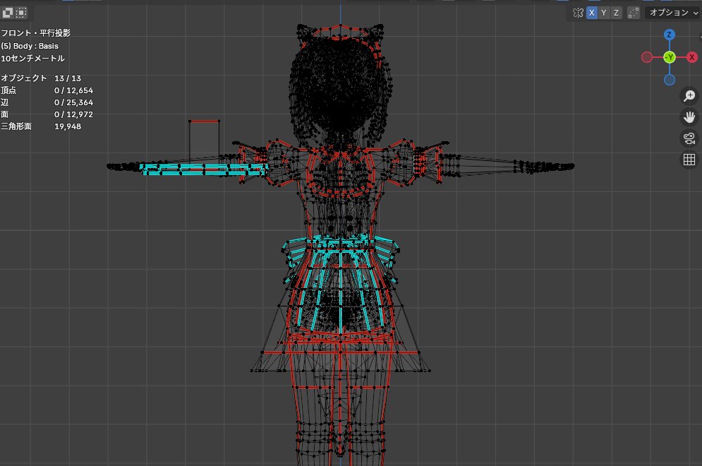おはようございます！！メイド服のUVとウェイト調整してました。お胸のシェイプキーも調整済みです！ワイヤーフレーム見ると分かりますが、顔等の見た目のウェイトの高いものはキープしてそれ以外からデシメてます。スカート等着脱可能ですが深い意味はありません！ありませんったら！#Blender #VRChat