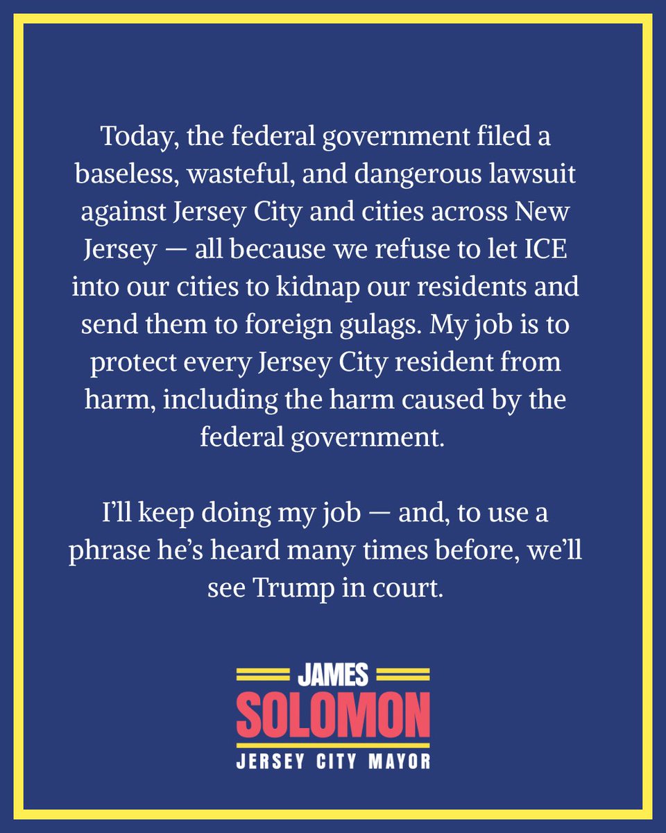 SolomonforJC's tweet image. My statement on the outlandish lawsuit brought against Jersey City by the Trump’s Department of Justice.
We’ll see you in court, @realDonaldTrump.
nypost.com/2025/05/23/us-…