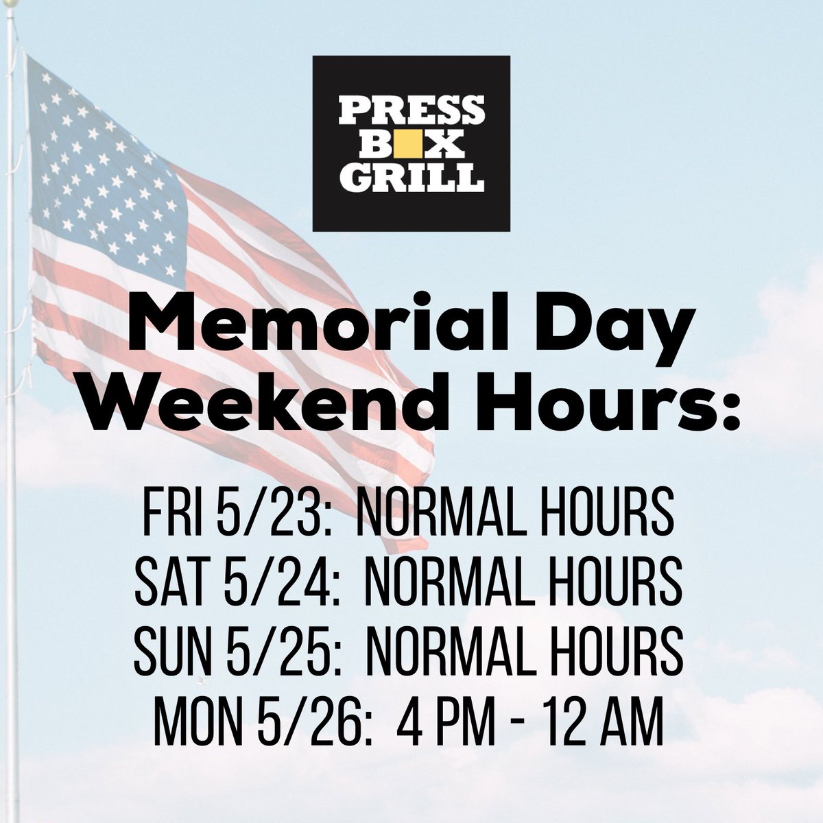pressboxgrill's tweet image. Happy Memorial Day Weekend to all from Press Box! 🇺🇸 We’re open our usual hours through Sunday and then open late (4 pm) on Monday the 26th. Have a safe and fun weekend everyone! 
#dallaseats #dallasdrinks #dallasrestaurants #dallasbars #mydtd #downtowndallas #dallas #dallastx