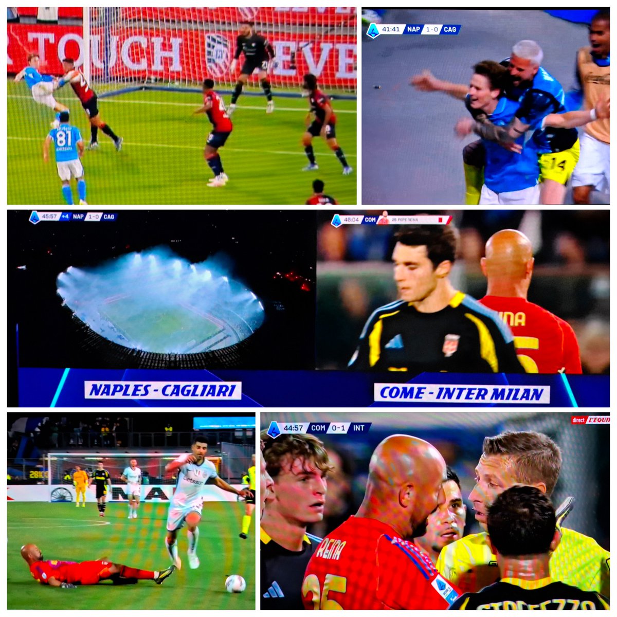 Naples champion d'Italie 🇮🇹 à... la mi-temps du dernier match : l'Inter a ouvert le score (de Vrij) sur le terrain de Côme, réduit à 10 (Pepe Reina 🟥) ; #Napoli a repris l'avantage (d'1 point) en marquant par l'Ecossais McTominay ⚽️ #NAPCAG #COMINT #SerieA #Calcio #Nerazzurri