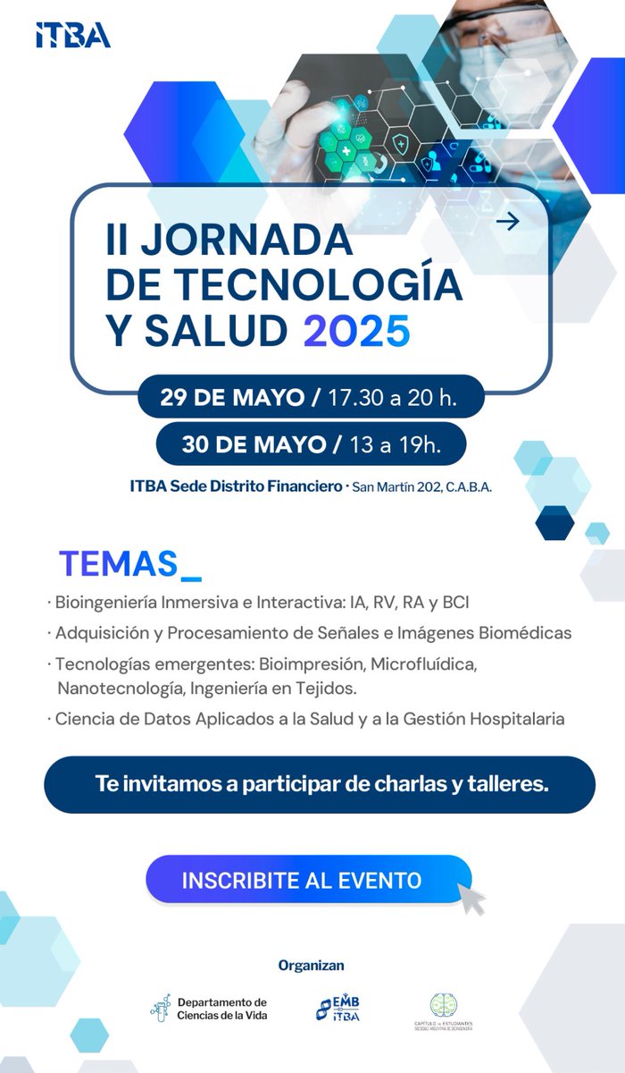 Desde el depto de Ciencias de la Vida del @itba queremos invitarlos a la segunda Jornada de Tecnología y Salud. Hay grandes invitados y experiencias increíbles. 

Inscripción gratuita 
docs.google.com/forms/u/3/d/e/…