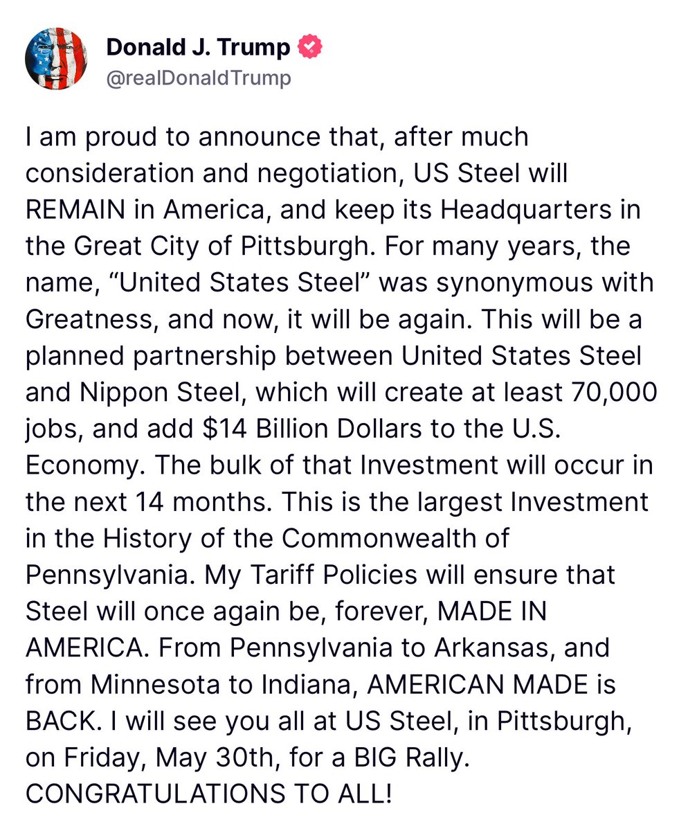 速報＝日鉄のUSスチール買収交渉が進展】トランプ大統領が「USスチールと日本製鉄のパートナシップ計画によって、7万人の雇用と140億ドルの投資が米国にもたらされる」と表明。出資比率など詳細は現時点で不明ですが、判明し次第、追加します。5月30日にトランプ氏は  ...