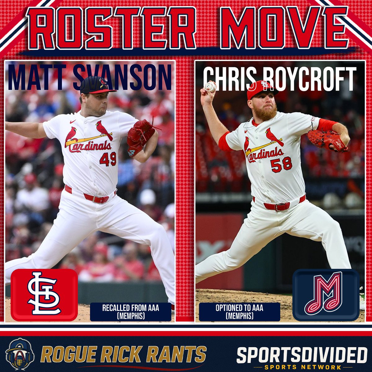 _RogueRick_'s tweet photo. #ForTheLou Roster Moves 5/23

RHP Matt Svanson has been recalled from Memphis.  

RHP Chris Roycroft has been optioned to Memphis.

#RogueRickRants #SportsDivided #SDSN🎙 https://t.co/X7jIw984eK