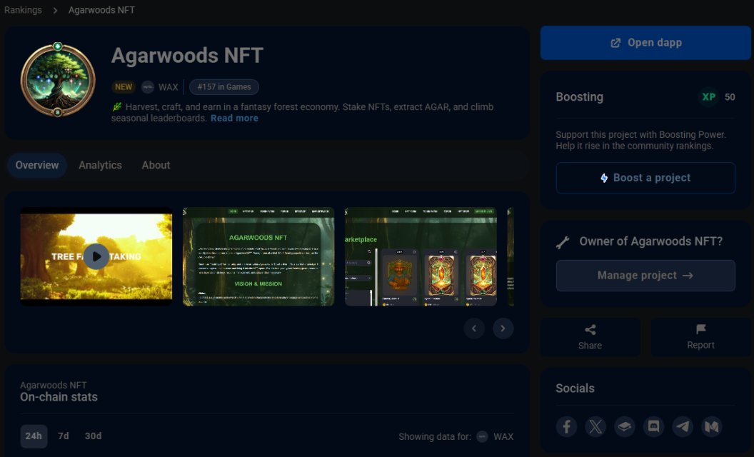 📣 Agarwoods NFT is now live on DappRadar! 🌲
Big news! 🎉 Agarwoods NFT has officially been listed on DappRadar – the go-to hub for tracking the most popular dApps across Web3!

📊 We're also proud to share that Agarwoods NFT ranks in the Top 16 on the WAX blockchain based on