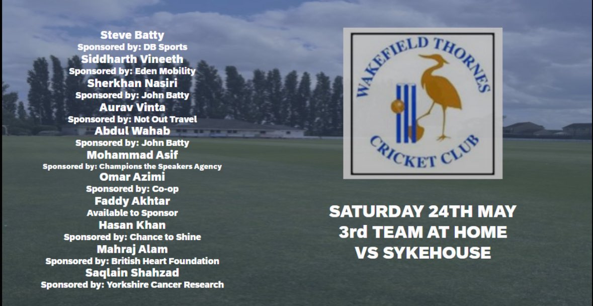 Attempting to go for another Thornes Treble this week. 

Thank you to all the below sponsors and player sponsors:
Matchday: Valley Side Garden Centre
Matchball: Hunters Estate Agents
Groundsman: Neil’s Autos. 
1st team scorer: Greg Wadsworth