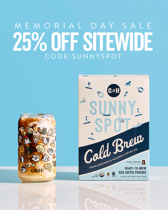 Sippin’ for a cause, all weekend long. 🐾❤️ Memorial Day deals that do good. Fetch 'em before they’re gone. groundsandhoundscoffee.com