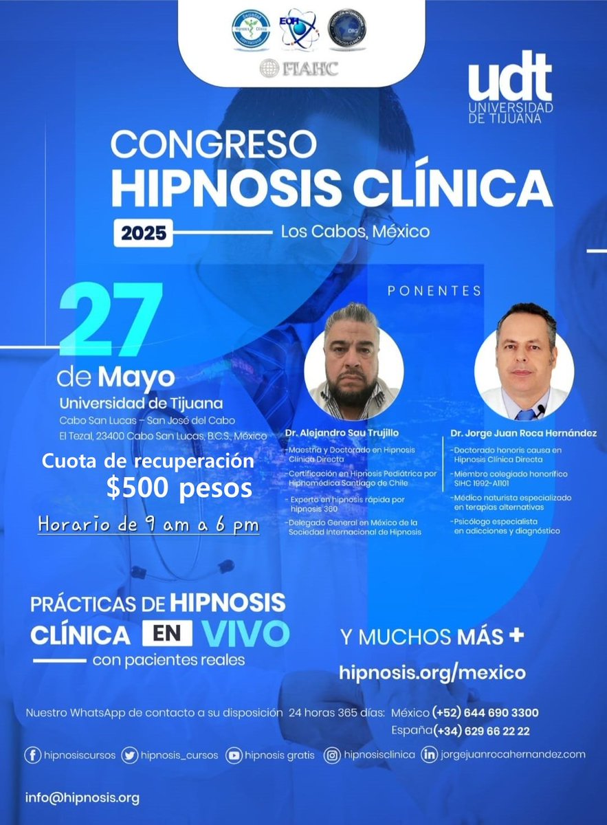 Congreso Internacional de Hipnosis en Los Cabos el prox. martes 27 mayo, presencial 🧠✨

Únete a líderes mundiales en Hipnosis para explorar técnicas innovadoras y aplicaciones terapéuticas

Un evento cumbre que va a mejorar tu práctica Hipnoterapéutica, eleva tu carrera al