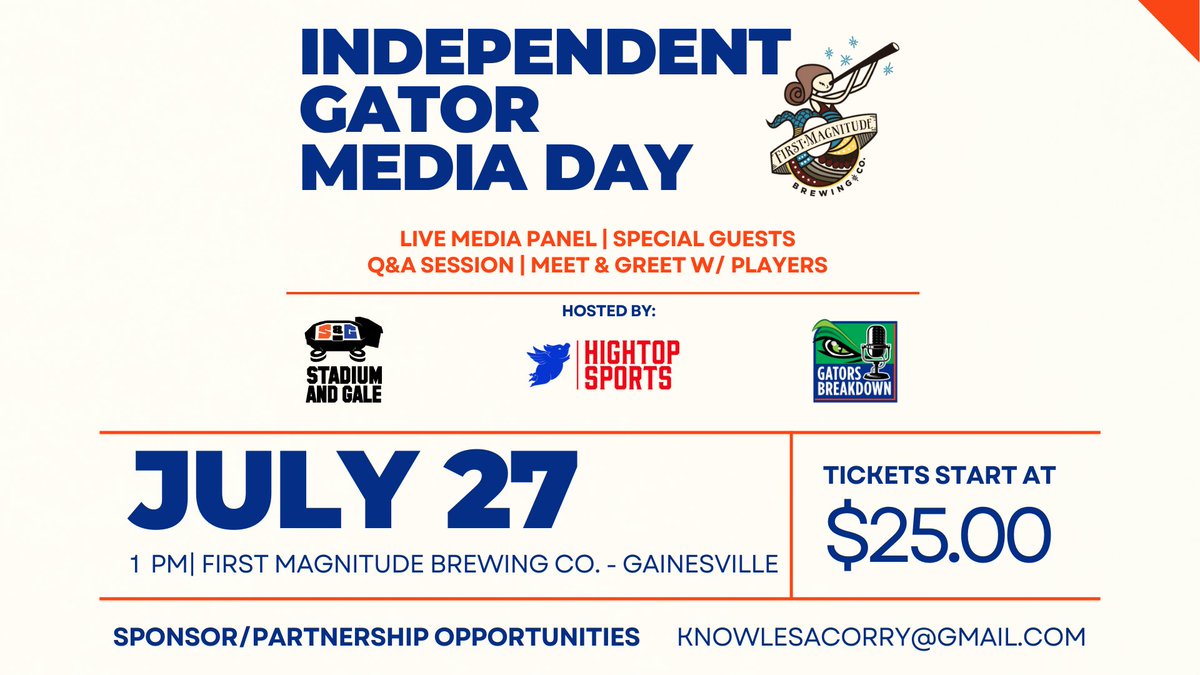 CorryAKnowles's tweet image. Set trends....
Join @StadiumAndGale, @GatorsBreakdown, and @hightopsport for Independent Gator Media Day at First Magnitude Brewing July 27th!
We will be doing a live panel show, player/former player meet-and-greats and more!
We will discuss more on Monday's S&G episode…
