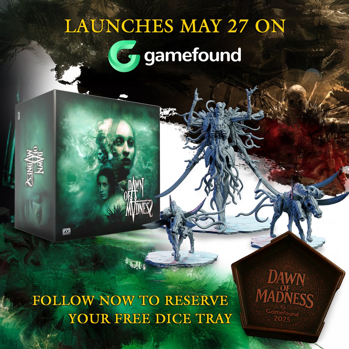 Dawn of Madness launches on Gamefound on May 27th! Follow the campaign at bit.ly/DoMComplete now to reserve a free dice tray, and don't miss your chance to get the ultimate board game horror experience! #gamefoundfeast #gamefound #survivalhorrorgaming #dawnofmadness