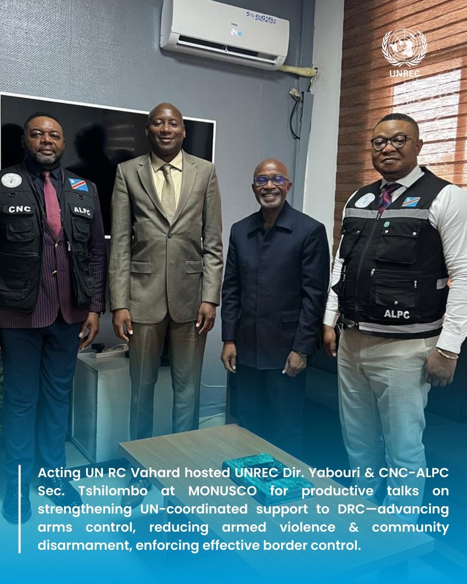 UNREC (@odaunrec) on Twitter photo 📍Acting UN RC Vahard hosted UNREC Dir. Yabouri & <a href="/CNCALPC/">CNC ALPC</a>  Sec. Tshilombo at <a href="/MONUSCO/">MONUSCO</a>  for productive talks on strengthening UN-coordinated support to #DRC 🇨🇩 #arms_control, reducing #armed_violence & #community_disarmament, enforcing effective border control.
#SDG16 #SALW #DRC 📍Acting UN RC Vahard hosted UNREC Dir. Yabouri & <a href="/CNCALPC/">CNC ALPC</a>  Sec. Tshilombo at <a href="/MONUSCO/">MONUSCO</a>  for productive talks on strengthening UN-coordinated support to #DRC 🇨🇩 #arms_control, reducing #armed_violence & #community_disarmament, enforcing effective border control.
#SDG16 #SALW #DRC