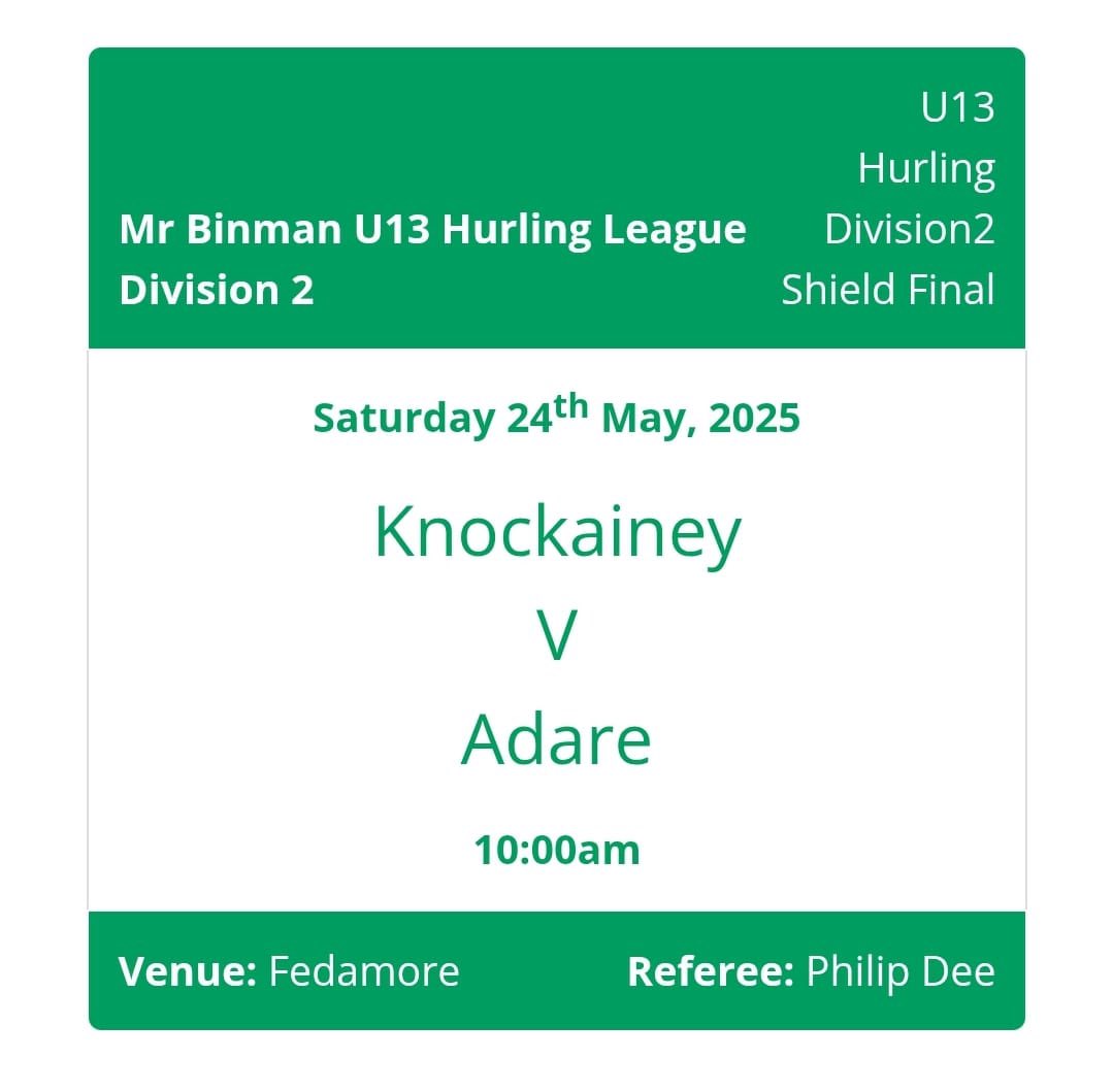 AdareGAA's tweet photo. Best of luck to our u13 hurlers in the Division 2 league Shield Final.

📅 Saturday, 24th May
⏰️ 10.00 a.m
📍  Feadamore Gaa 

 Pop show your support and shout Adare on👏

Àth Dara abú❤️🖤 https://t.co/sGUwfNuC1g
