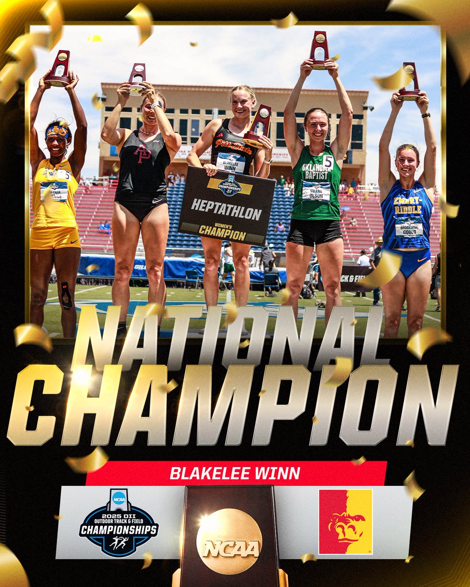 NCAA Division II (@ncaadii) on Twitter photo Winn for the win 🎉
Blakelee Winn of <a href="/GorillasTrack/">Pitt State Track & Field</a> is the 2025 DII Outdoor Women’s Heptathlon National Champion!
#D2WOTF | #MakeItYours Winn for the win 🎉
Blakelee Winn of <a href="/GorillasTrack/">Pitt State Track & Field</a> is the 2025 DII Outdoor Women’s Heptathlon National Champion!
#D2WOTF | #MakeItYours
