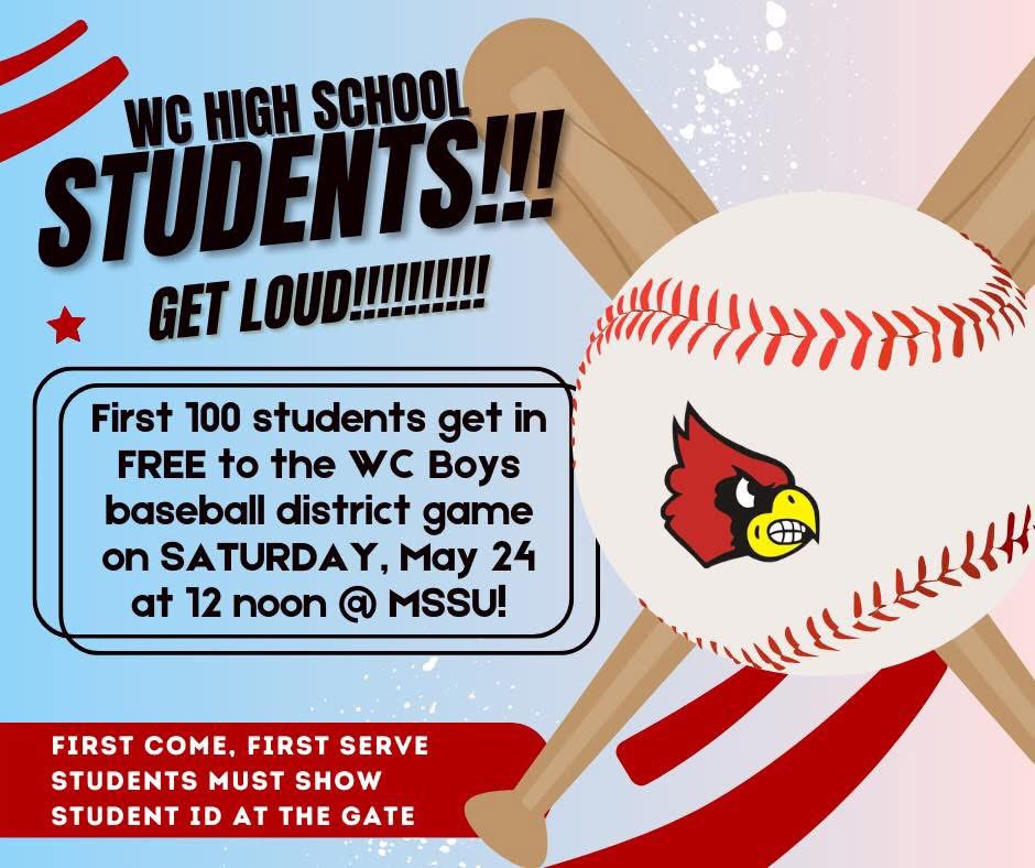 🚨 Booster Club is paying for the first 100 WC Students for tomorrows game! 🚨 Bring your ID!