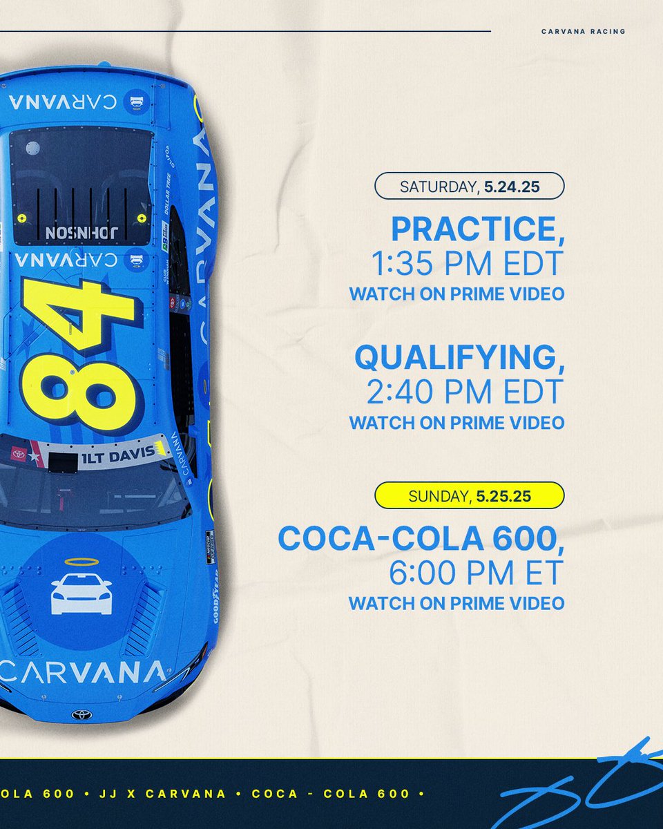 Carvana Racing (@carvanaracing) on Twitter photo It’s race week, and <a href="/JimmieJohnson/">Jimmie Johnson</a> is ready for 600 miles of pure adrenaline. 💪🏁
This weekend is going to be one to remember.
<a href="/LEGACYMotorClub/">LEGACY MOTOR CLUB</a> #CARVANA #JimmieJohnson #NASCAR #CocaCola600 It’s race week, and <a href="/JimmieJohnson/">Jimmie Johnson</a> is ready for 600 miles of pure adrenaline. 💪🏁
This weekend is going to be one to remember.
<a href="/LEGACYMotorClub/">LEGACY MOTOR CLUB</a> #CARVANA #JimmieJohnson #NASCAR #CocaCola600