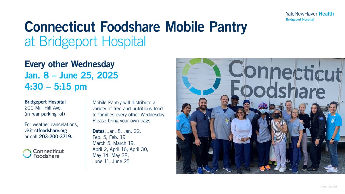 Bridgeport Hospital (@bpthosp) on Twitter photo .@bpthosp is continuing its biweekly free food distribution, in partnership with <a href="/CTFoodshare/">Connecticut Foodshare</a>, throughout 2025. If you or someone you know is in need, visit one of our upcoming distributions. Each person will receive one allotment of free & nutritious food while supplies last. .@bpthosp is continuing its biweekly free food distribution, in partnership with <a href="/CTFoodshare/">Connecticut Foodshare</a>, throughout 2025. If you or someone you know is in need, visit one of our upcoming distributions. Each person will receive one allotment of free & nutritious food while supplies last.