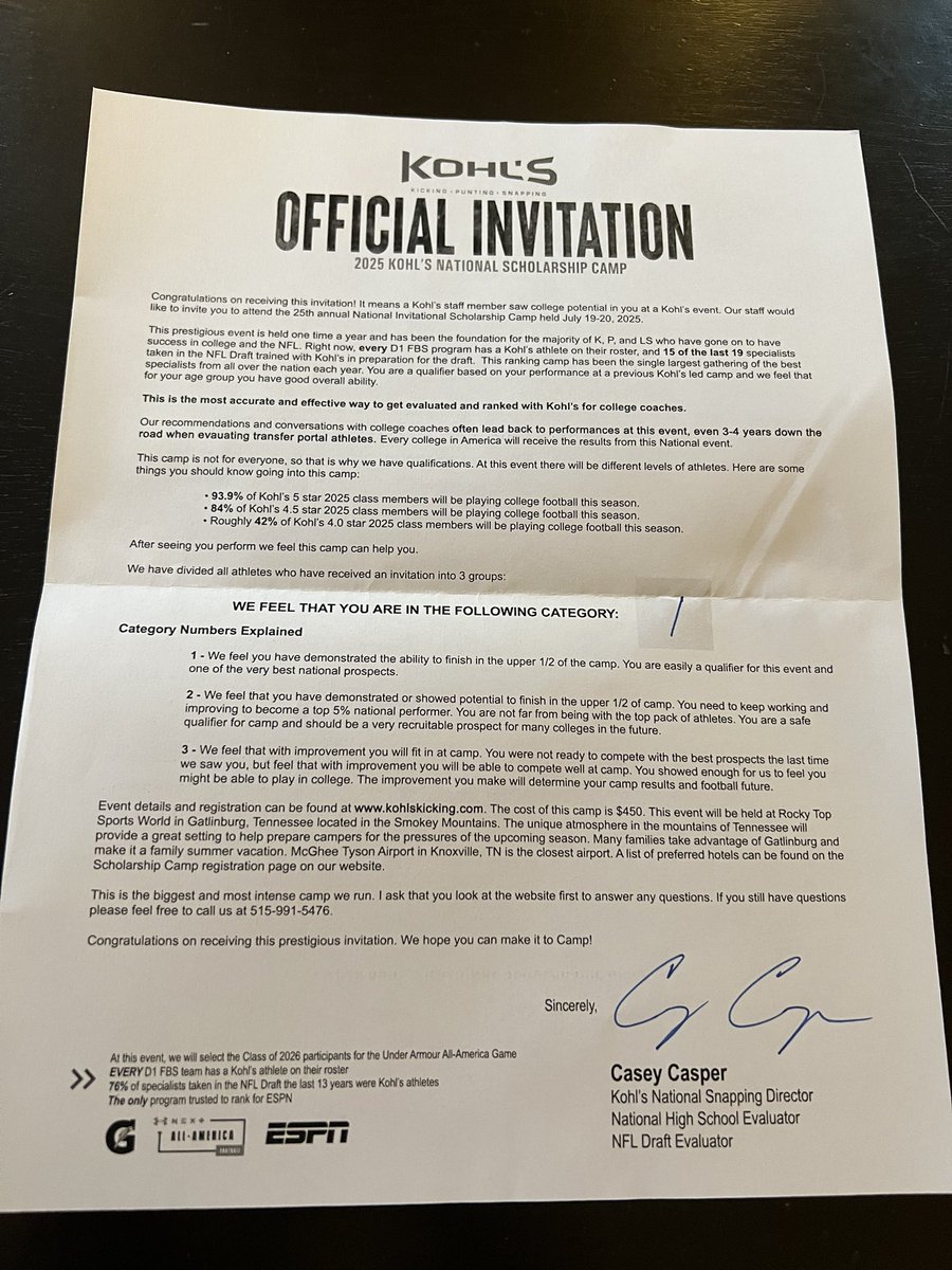 Incredibly blessed to be picked as one of the top Snappers to attend the Kohls Scholarship Camp in July. Thank you to <a href="/Coach_Casper/">Coach Casey Casper</a> for the invite! 

#AGTG | #specialist | #invite | #football 
#GoHuskies | #WeAreOneTeam | #Kohls 

<a href="/SpecialTeamsU/">Special Teams U™</a> <a href="/ShaneBreon/">Shane Breon</a> <a href="/shane_griffin54/">Shane Griffin</a>