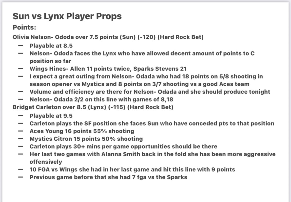 Betitjon's tweet image. Sun vs Lynx Player Props
- Show some love
- First WNBA game of the night
- I pivoted a bit but settled on these two plays
Olivia Nelson- Odada over 7.5 points
Bridget Carleton over 8.5 points
#gamblingx #prizepicks #prizepickswnba #wnbapicks #underdogfantasy #hardrockbet