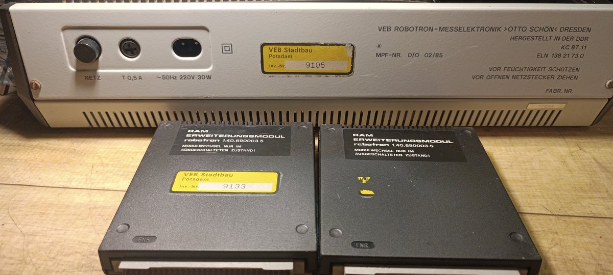 If you thought that ZX Spectrum has a bad keyboard, let me introduce you to Robotron KC87. Here with two RAM modules.