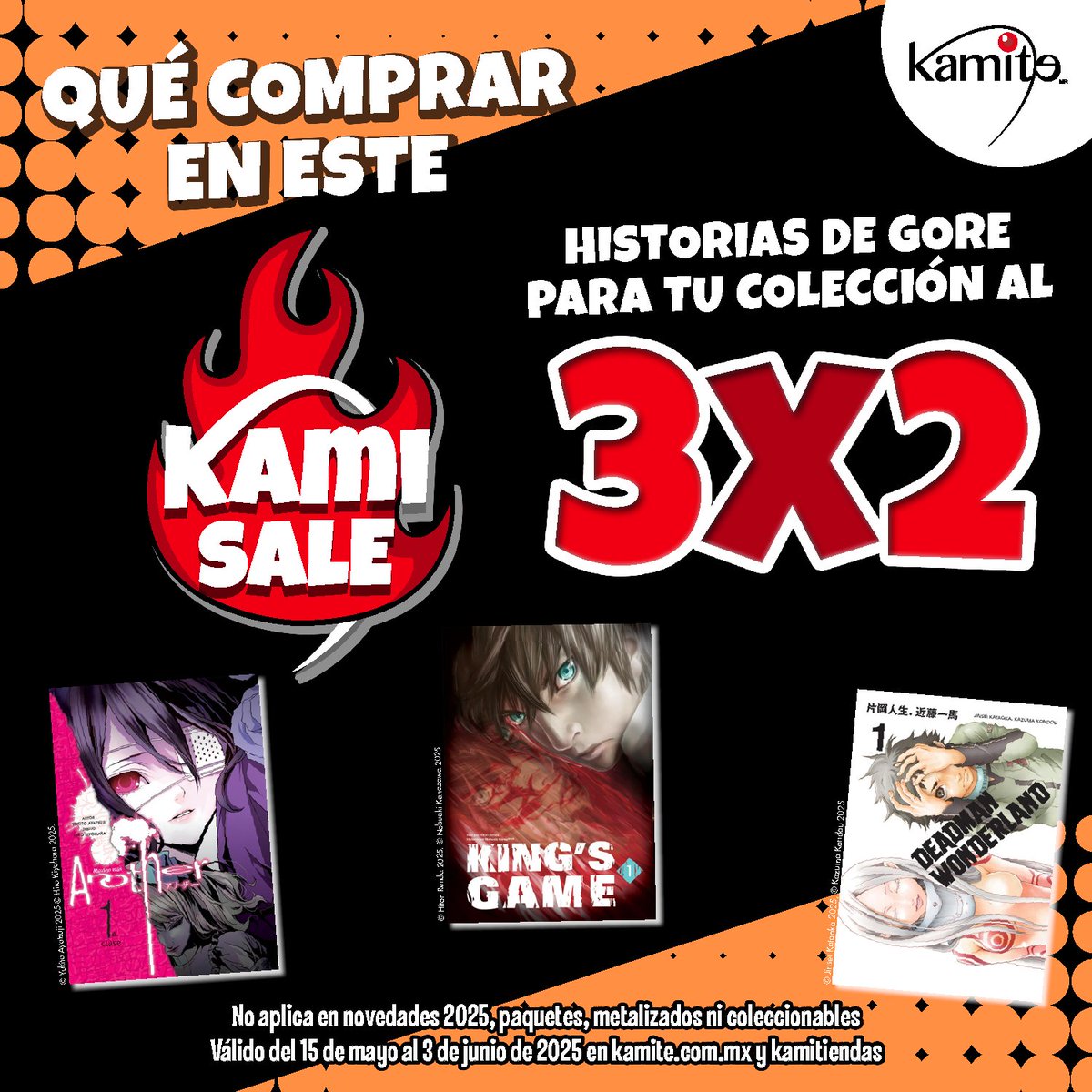 kamite_manga's tweet photo. ¿Buscas algo nuevo para leer? 🤔
📖👀 Prepárate para ponerte los pelos de punta con nuestras recomendaciones de gore en esta edición del #Kamisale. 😮
#Another 1, #KingsGame y #DeadmanWonderland, títulos donde la muerte, el misterio y los giros oscuros se combinan💀🩸 https://t.co/7cY6UJOudN