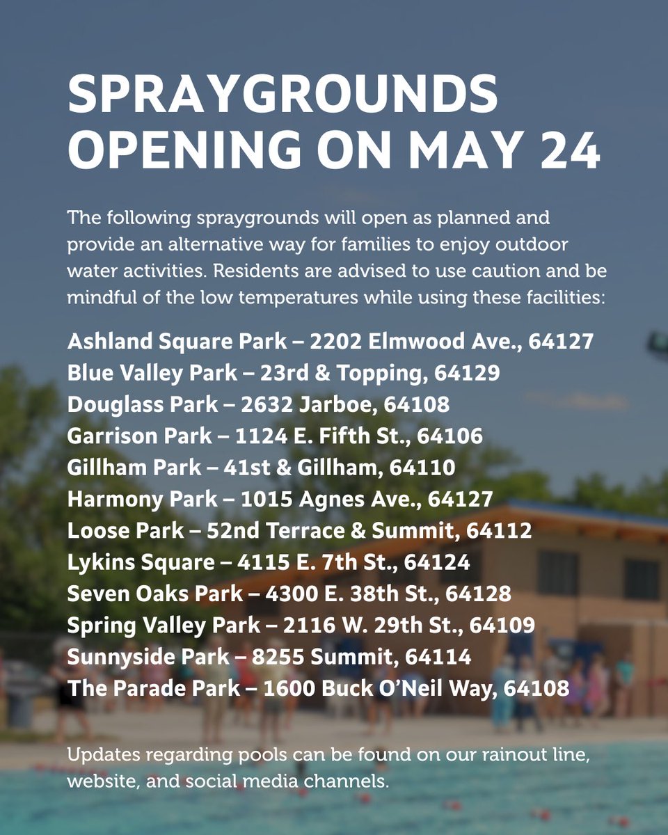 Due to temperature and weather forecasts, outdoor pools and water parks will remain closed Memorial Day weekend, May 24-26. 

The outdoor pools and water parks will officially open for the season on Friday, May 30, 2025.  

Spraygrounds will open on Saturday, May 24.