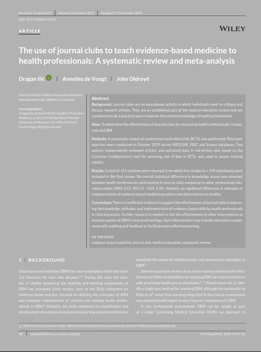 Ash Paul (@pash22) on Twitter photo The use of journal clubs to teach evidence-based medicine to health professionals: A systematic review and meta-analysis
onlinelibrary.wiley.com/doi/10.1111/je… via <a href="/_dragan_ilic/">Dragan Ilic</a> et al The use of journal clubs to teach evidence-based medicine to health professionals: A systematic review and meta-analysis
onlinelibrary.wiley.com/doi/10.1111/je… via <a href="/_dragan_ilic/">Dragan Ilic</a> et al