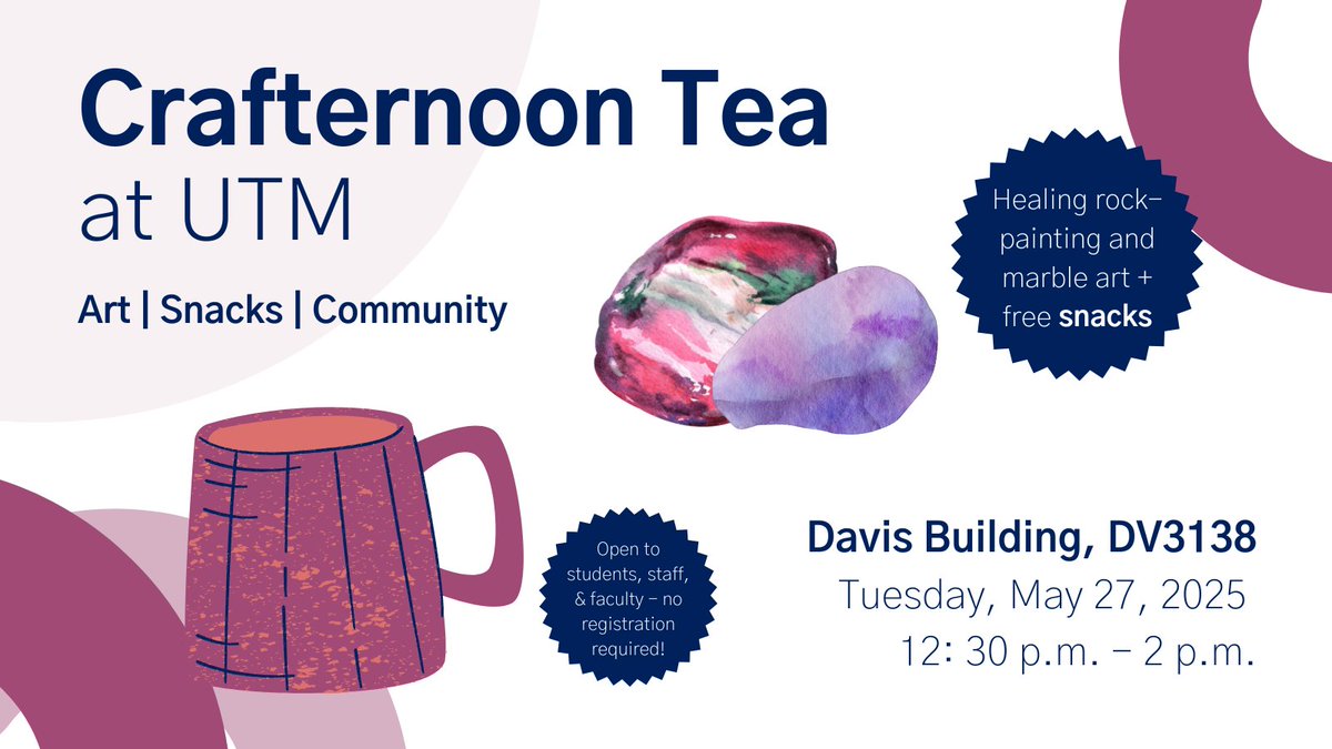U of T Sexual Violence Prevention & Support (@uoftconsent) on Twitter photo #UTM: Join us for another #CrafternoonTea session! We'll be meeting-up on Tuesday, May 27, to paint healing rocks and try some marble art. Drop-in to share snacks, coffee or tea, and lovely conversation.
🔗 UofT.Me/CrafternoonTea
📍 <a href="/UTM/">U of T Mississauga</a> #UTM: Join us for another #CrafternoonTea session! We'll be meeting-up on Tuesday, May 27, to paint healing rocks and try some marble art. Drop-in to share snacks, coffee or tea, and lovely conversation.
🔗 UofT.Me/CrafternoonTea
📍 <a href="/UTM/">U of T Mississauga</a>