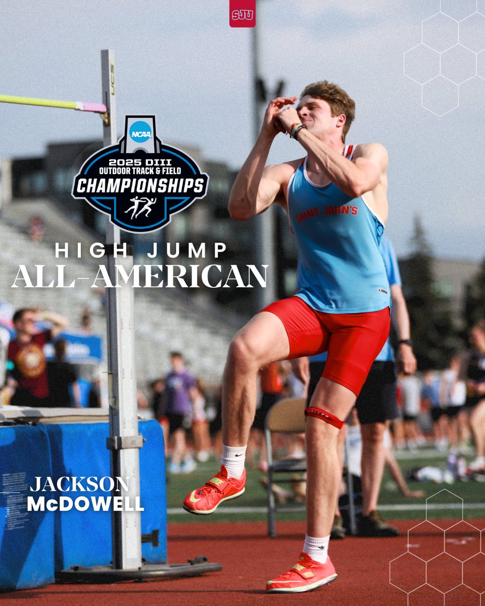 ALL-AMERICAN! Senior Jackson McDowell earns his third All-America honor in the high jump (second outdoors) by tying for third with an SJU outdoor record height of 2.11 meters (6-11)!

#GoJohnnies #d3tf