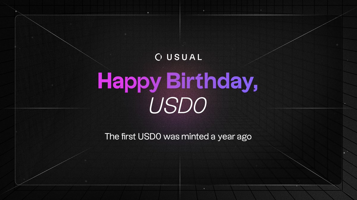 🎉 One year ago today, the first USD0 was minted.

Since then, it’s become more than a stablecoin: it’s a secure, permissionless, bankruptcy-remote gateway to real yield and true ownership.

While Usual started with USD0, what’s coming next goes far beyond. Stay tuned.