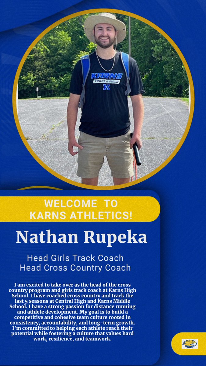 Lots of great things happening at Karns High School. We’d like to introduce two new track coaches and a cross country coach welcome Coach Jackson and Coach Rupeka.