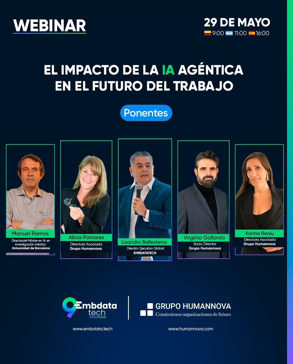 Me han colado en este webinar como moderadora con estos cracks <a href="/ramos_casals/">Manuel Ramos-Casals</a> <a href="/KarinR_2/">Karina Reniu</a>
<a href="/EMBdata/">EMBDATA</a> <a href="/virginiog/">Virginio Gallardo</a> para hablar de #IA Agéntica y futuro del trabajo 
📣He pensado que me podríais ayudar con vuestras preguntas ⬇️⬇️ humannova.com/webinar-el-imp…