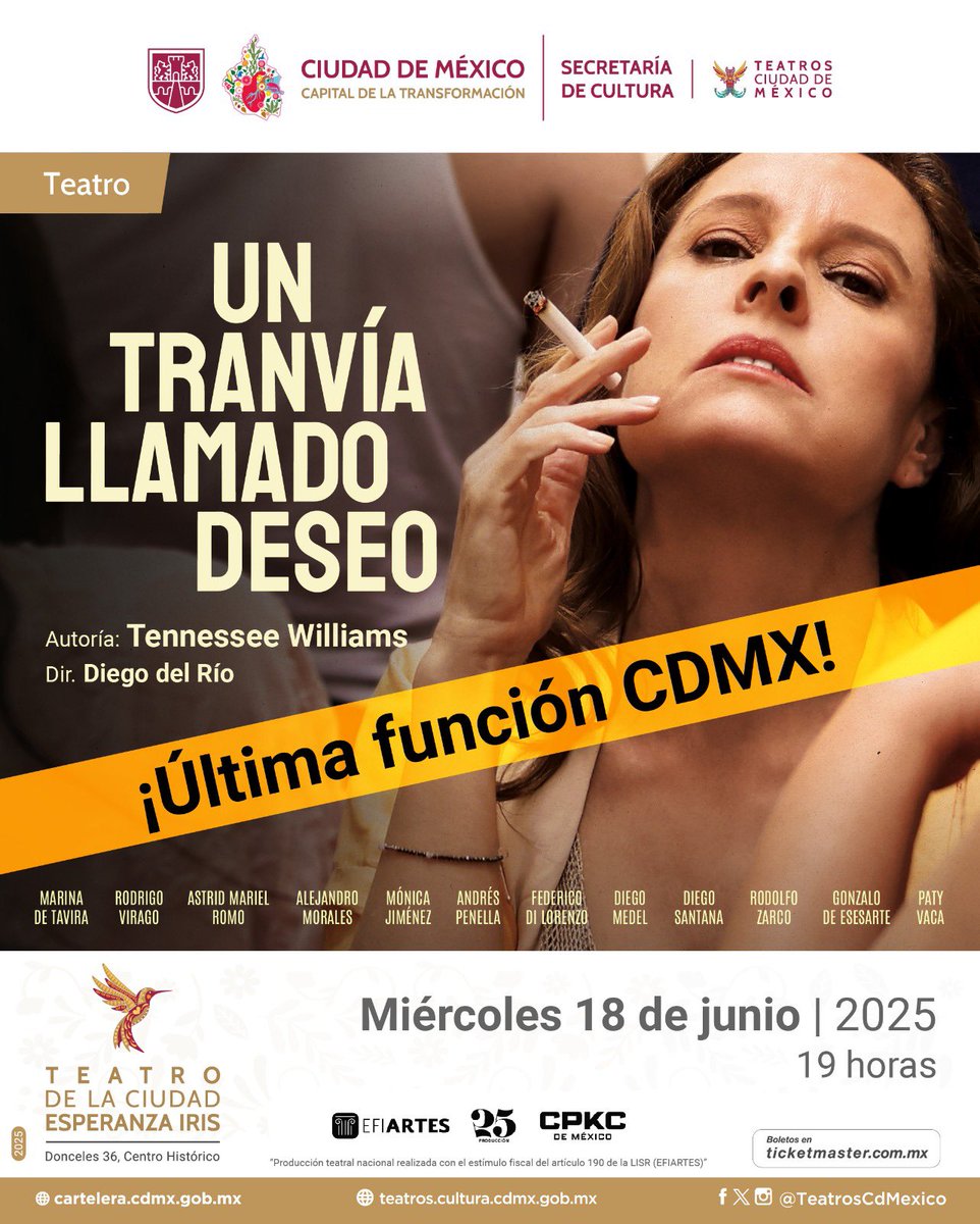 El majestuoso Teatro de la Ciudad Esperanza Iris recibe a Un Tranvía Llamado Deseo con una #FunciónEspecial

¿No alcanzas a ver #UnTranvíaLlamadoDeseo antes del 8 de junio en el Teatro Julio Castillo
o quieres volver a vivir esta historia?

🗓 Miércoles 18 de junio
🕖 19:00 h
📍