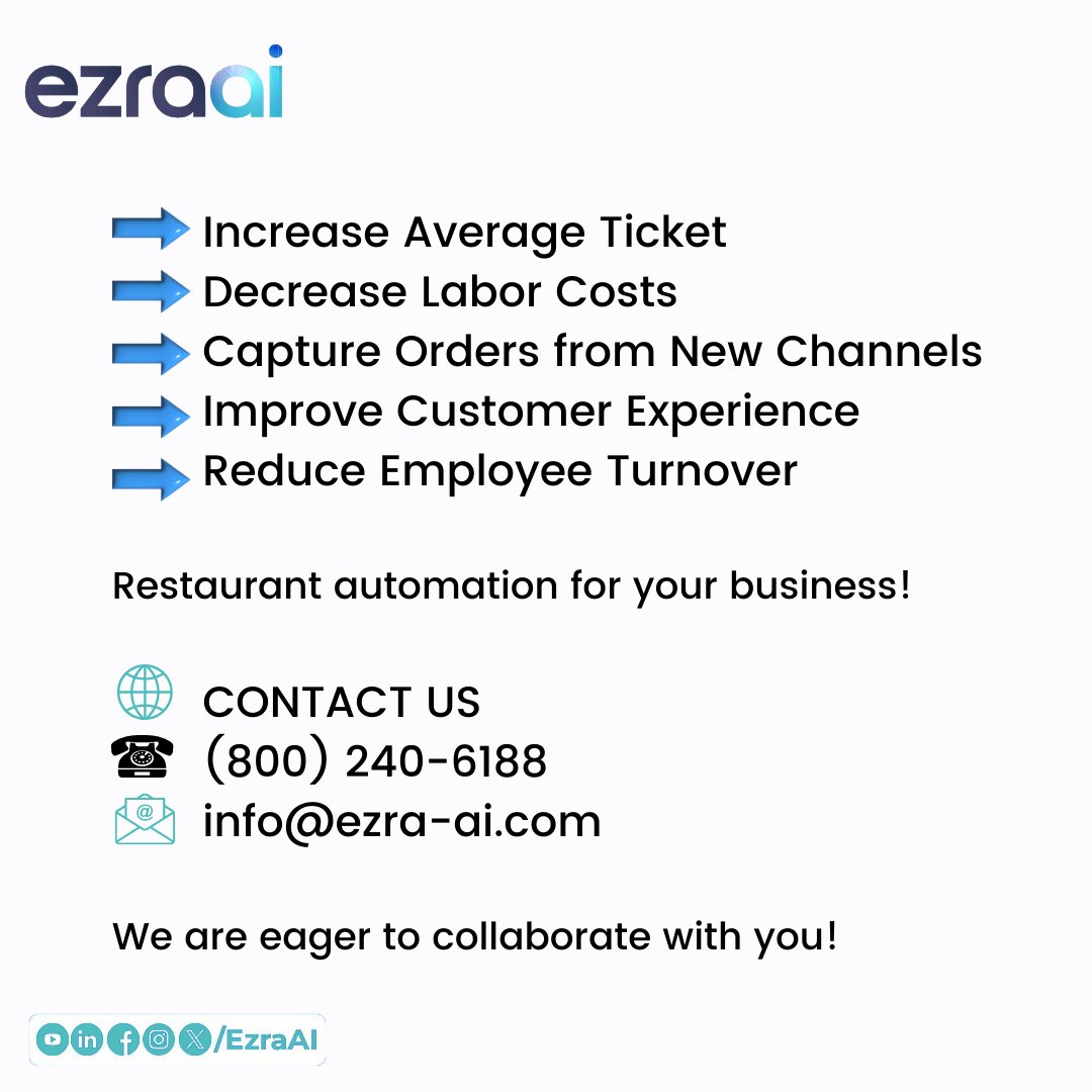 ezra__ai's tweet image. Direct integration, real-time synchronization, and advanced call management – Ezra AI simplifies it all! Shape your future at ezra-ai.com.
#ContactUs #EzraAI #ConversationalAI #QSR #RestaurantAI