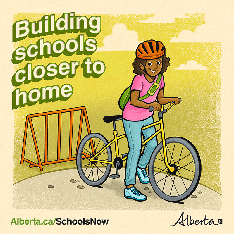 YourAlberta's tweet photo. The Alberta government is building 90 new schools across the province. Let’s make every day bike-to-school day.