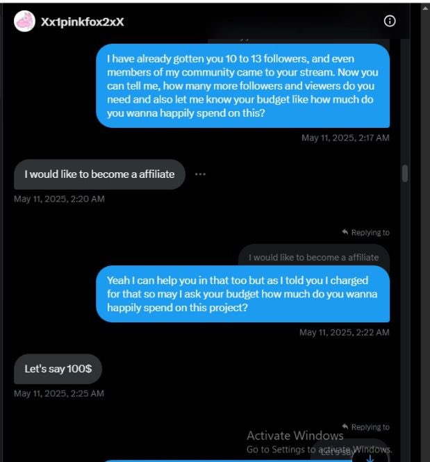 ElisaRaven11's tweet photo. I provided them with proper service, with support from my community, and successfully got them affiliated. However, they blocked me before paying the remaining balance.
Scam update!
#twitch #twitchstreamer #twitchgaming 
#twitchtv https://t.co/CPe4rooNTW