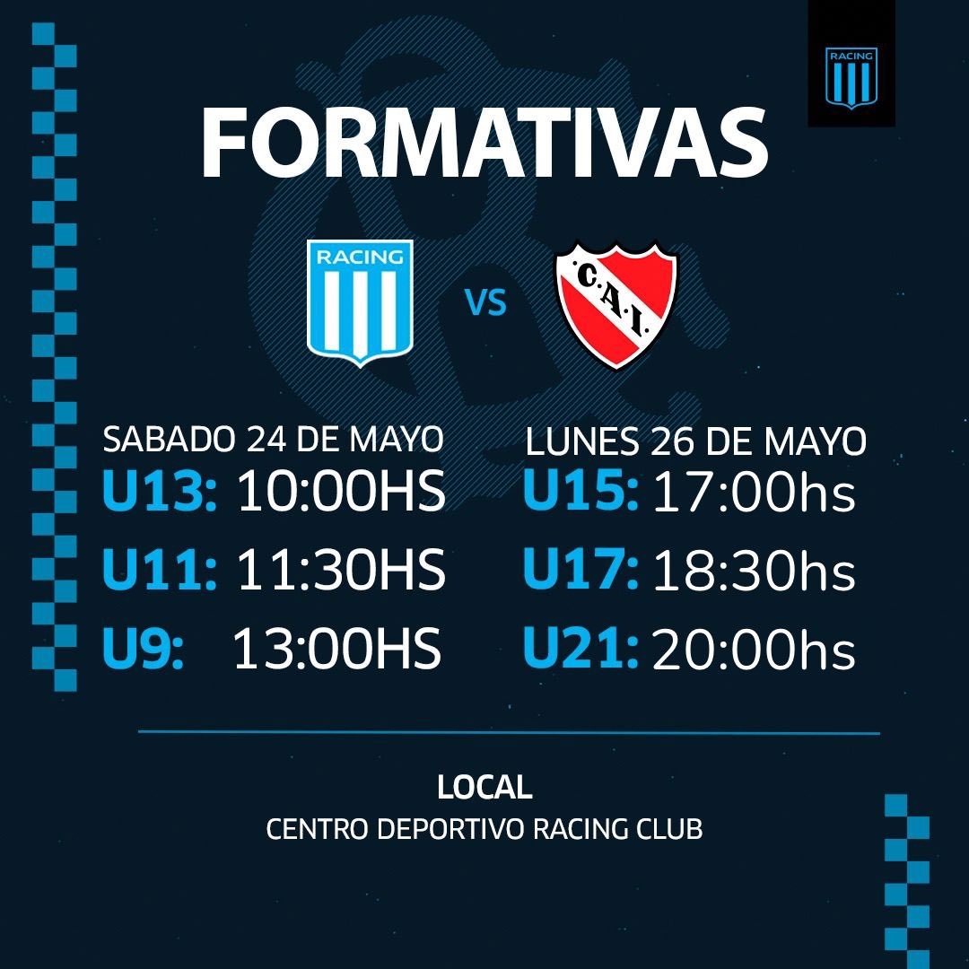 𝗙𝗢𝗥𝗠𝗔𝗧𝗜𝗩𝗔𝗦 | Te dejamos el cronograma de los partidos de nuestras inferiores ante Independiente ⛹🏻‍♂️🏀

👉🏼 Sábado 24/05, u13, u11 y u9 a partir de las 10hs
👉🏼 Lunes 26/05, u15, u17 y u21 a partir de las 17hs

Te esperamos ambos días!!! 
#VamosRacing
