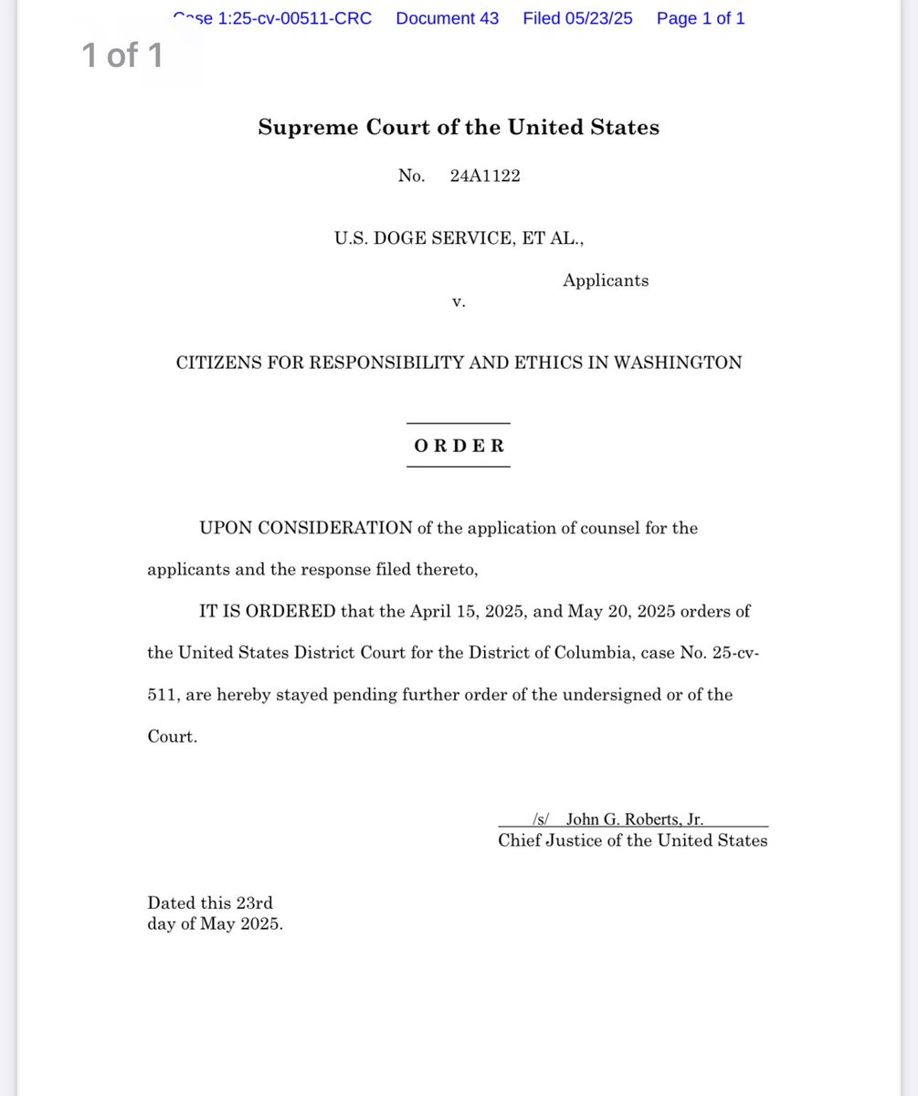 NEW: SCOTUS enters temporary administrative stay of the district court’s discovery order in CREW’s  suit against DOGE over FOIA records. 

The order SCOTUS put on pause compelled the deposition testimony of Amy Gleason, the alleged acting administrator of DOGE.