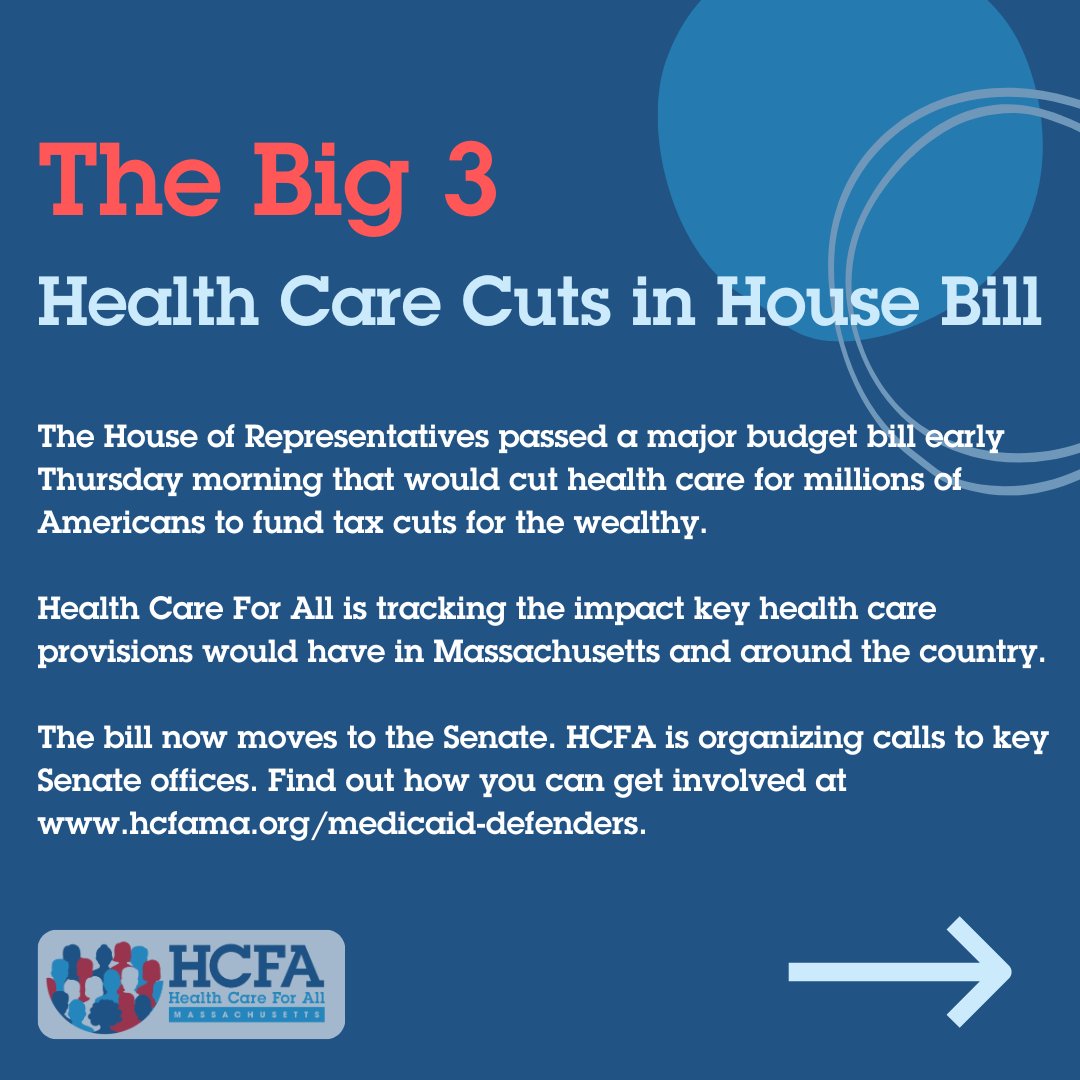 HCFA's tweet image. HCFA continues to monitor the situation in Washington & will provide updates regarding this bill's potential impact as we get them. If you want to get involved & push back against these cuts, sign up for the Medicaid Defenders phone bank. More info at hcfama.org/medicaid-defen…