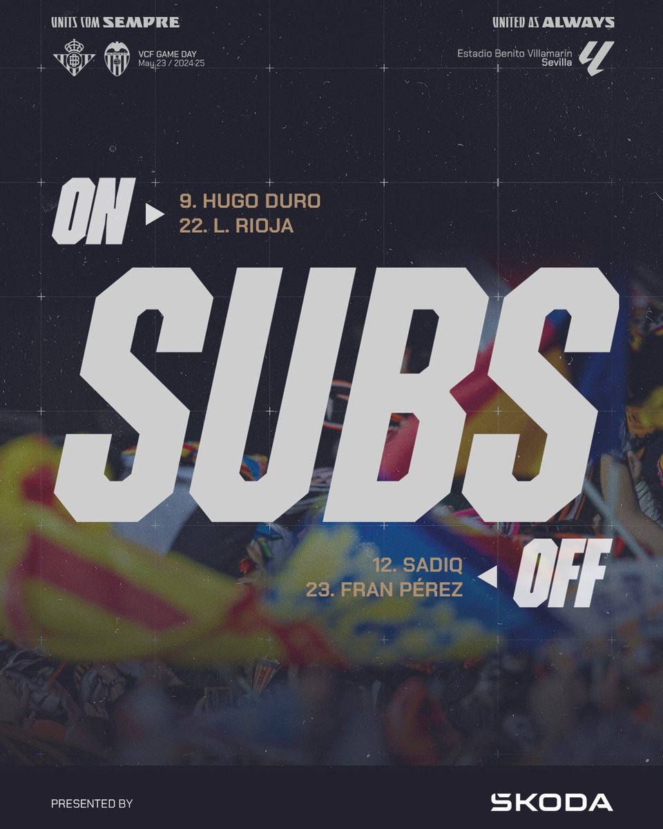 Valencia CF (@valenciacf) on Twitter photo #RealBetisValencia
⚽ 1-0 | ⌚ 57' 🔄 <a href="/skoda_es/">Škoda España News</a>
🔛 <a href="/hugoduro14/">Hugo Duro</a> + <a href="/luisitocarrile/">Luis Rioja</a>
↩️ Sadiq + Fran Pérez #RealBetisValencia
⚽ 1-0 | ⌚ 57' 🔄 <a href="/skoda_es/">Škoda España News</a>
🔛 <a href="/hugoduro14/">Hugo Duro</a> + <a href="/luisitocarrile/">Luis Rioja</a>
↩️ Sadiq + Fran Pérez
