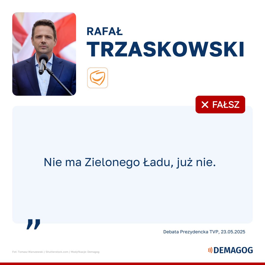 Sprawdzamy jedenastą wypowiedź! 
#FactCheckLive

"Nie ma Zielonego Ładu, już nie. " - <a href="/trzaskowski_/">Rafał Trzaskowski</a>
 <a href="/Platforma_org/">PlatformaObywatelska</a>
 
- Europejski Zielony Ład to zainicjowany w 2019 roku pakiet inicjatyw, który zakłada osiągnięcie neutralności klimatycznej UE do 2050 roku. W ramach realizacji