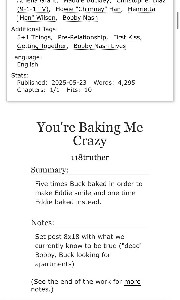 You’re Baking Me Crazy

5+1 one shot
post 8x18 
oblivious stress baker buck
dead bobby (or is he👀)

my first ever fic!! :) 

archiveofourown.org/works/65817292